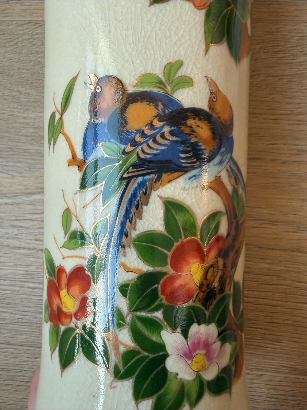 Vintage Japanese Kutani Satsuma Style Vase 11” Crackle Glaze Birds & Camellias - Picture 9 of 9